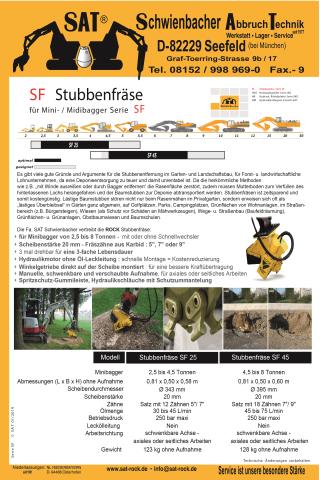 Offizielles SAT-Datenblatt 'Stubbenfräse SF' mit Vergleichstabelle SF 25 und SF 45