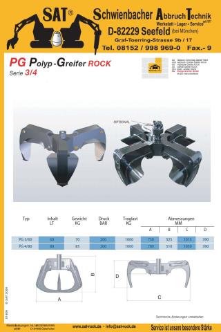 Offizielles SAT/ROCK-Datenblatt 'PG Polyp-Greifer ROCK Serie 3/4' mit technischen Daten (Typen PG 3/60 und PG 4/80: Inhalt, Gewicht, Druck, Traglast, Abmessungen), Zeile PG 4/80 (85 kg) passend zu diesem Artikel