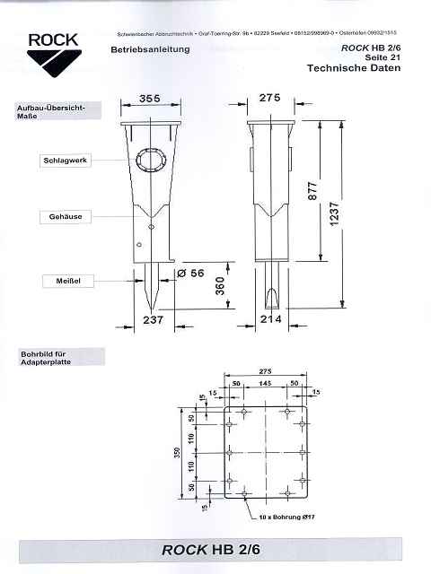 Hydraulikhammer ART-45-006 – ROCK-Betriebsanleitung, Maßskizze mit Bohrbild für Adapterplatte